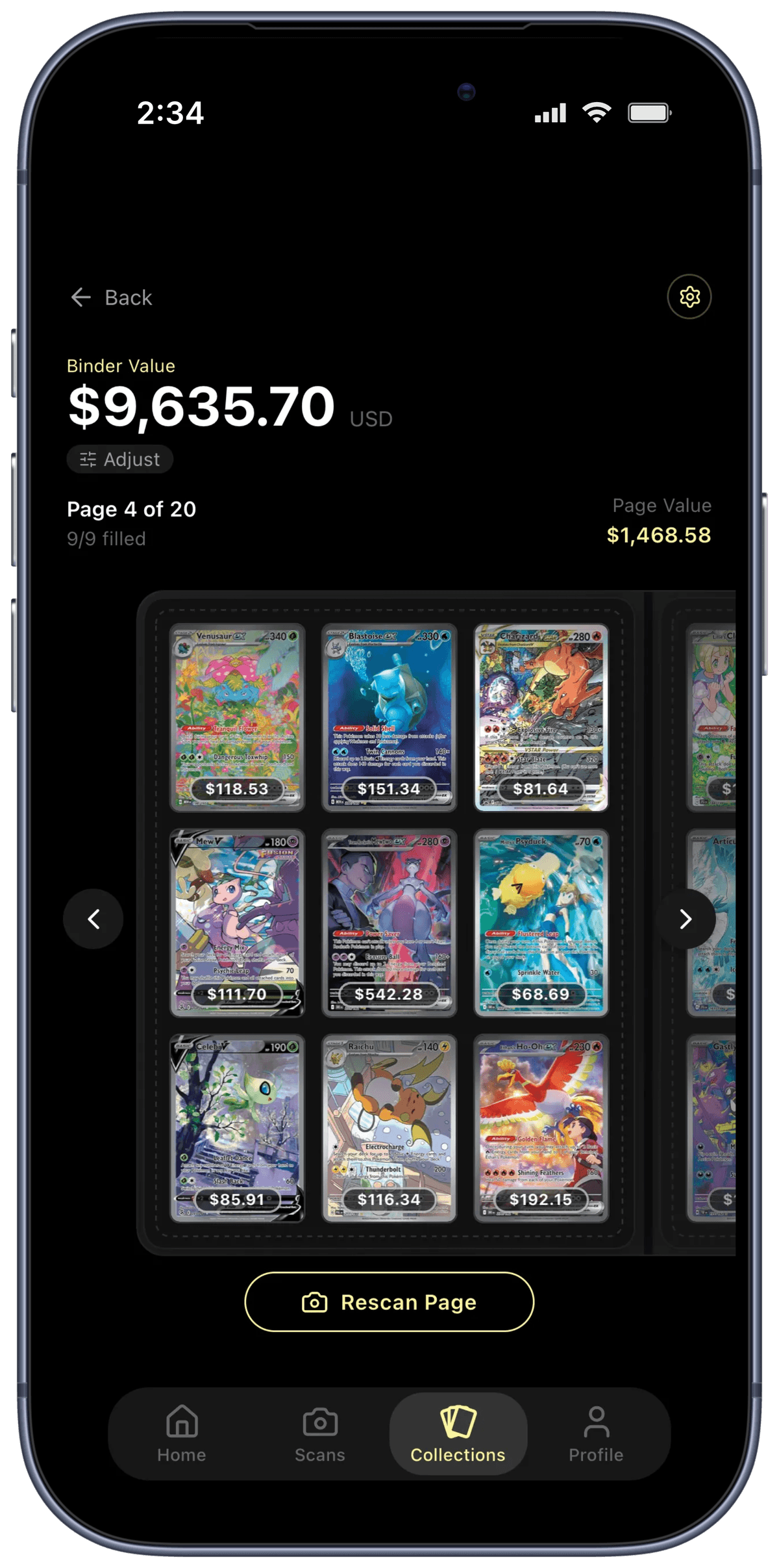 Rocketrader Binder view - digital binder page of nine cards with a live binder total value